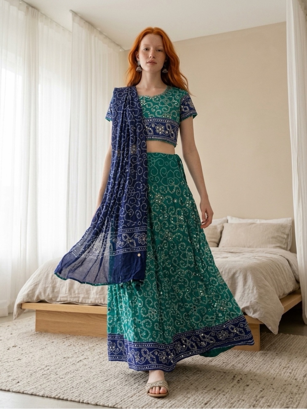 Green & Navy Bandhani Garba outfit- Navratri Indian